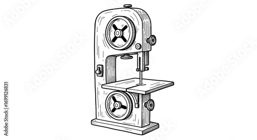 Detailed sketch illustration of a vintage bandsaw for woodworking projects