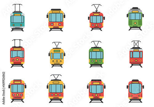 Cartoon image of 12 trams of various colors and designs arranged in a grid pattern
