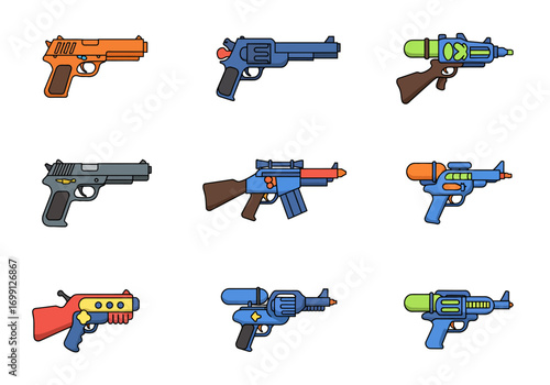 Cartoon guns arranged in a 3x3 grid various styles and colors
