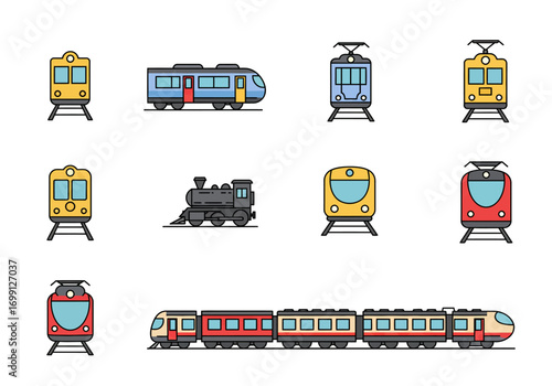 Graphic image of diverse trains varying in style color and number of cars