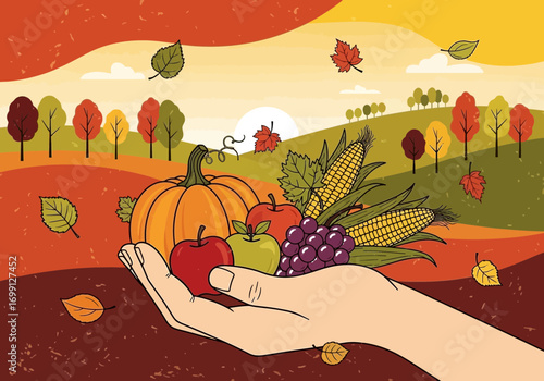 Vibrant Autumn Harvest Illustration Featuring a Hand Presenting Seasonal Fruits and Vegetables with a Scenic Fall