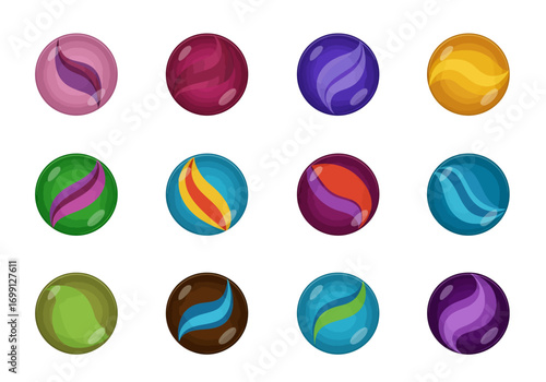 Twelve colorful marbles arranged in a 3x4 grid on a white background