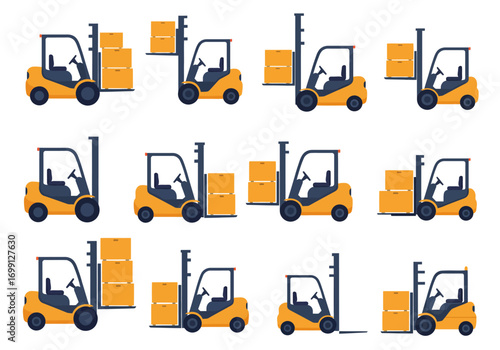 Twelve forklifts with varying box stacks shown on a white background