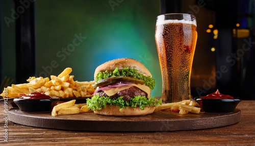 premium fast food presentation with juicy burgers fries and refreshing beverages on a stylish table setting