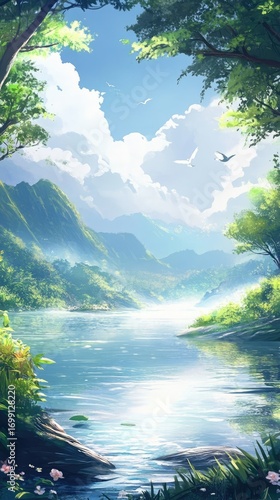 A beautiful landscape with a river and mountains in the background