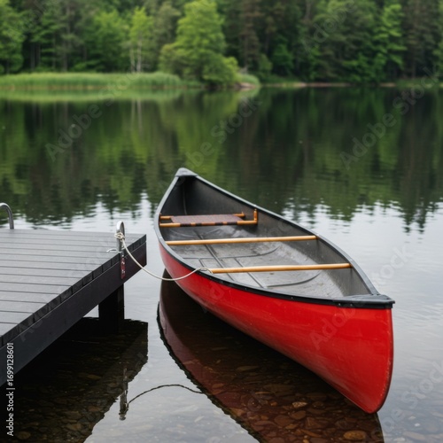 Red Canoe Moored at a Wooden Dock on a Calm Lake