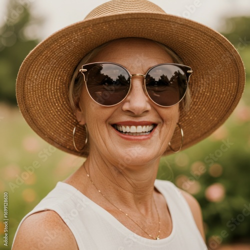 Smiling Senior Woman in Summer Hat and Sunglasses