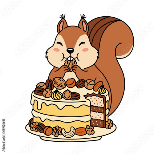 happy squirrel with a nut cake cartoon illustration