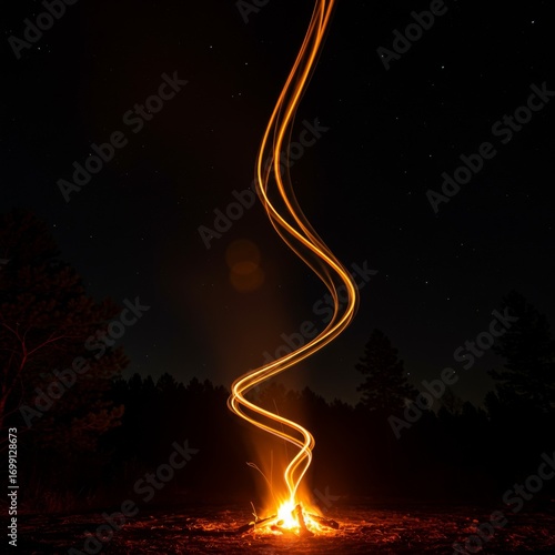 Night Campfire Light Painting with Twirling Orange Flames