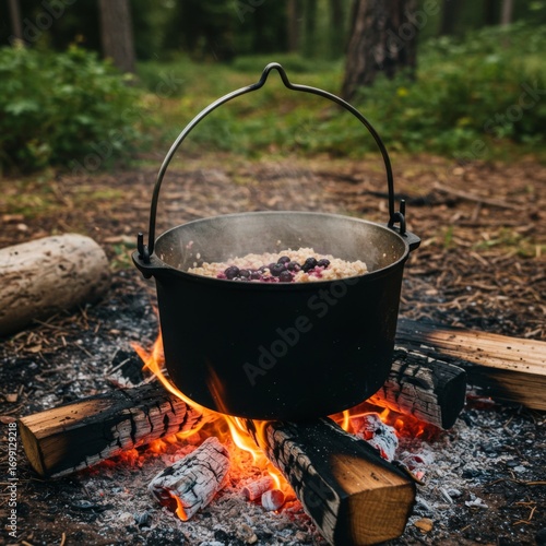 Cooking Berries Stew in Black Pot over Campfire in Forest