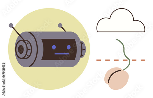 Futuristic robot with antennas observing a sprouting seed under a cloud. Ideal for technology, AI, innovation, sustainability, growth, agriculture, and environmental awareness themes. A simple flat