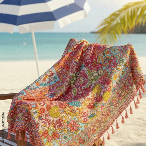 Colorful Paisley Beach Blanket on a Tropical Beach