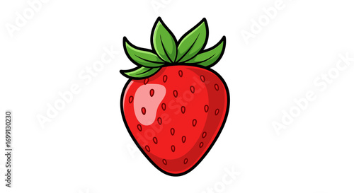 Cartoon Strawberry: Vibrant Fresh Red Fruit with Green Leaves