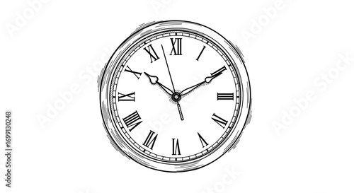 Elegant antique clock illustration with Roman numerals striking ten past one