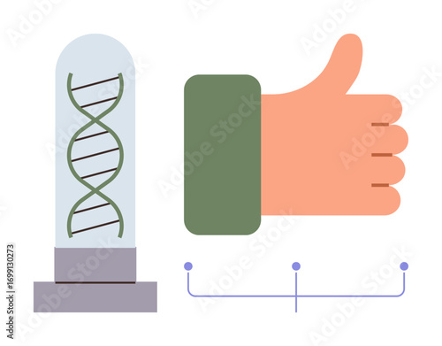 DNA strand in test tube next to approving thumbs-up gesture and simple diagram. Ideal for research, genetics, approval, science communication, innovation, healthcare, modern tech. Simple flat