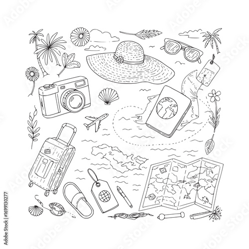 A Comprehensive Doodle Collection of Hand-Drawn Travel and Vacation Essentials