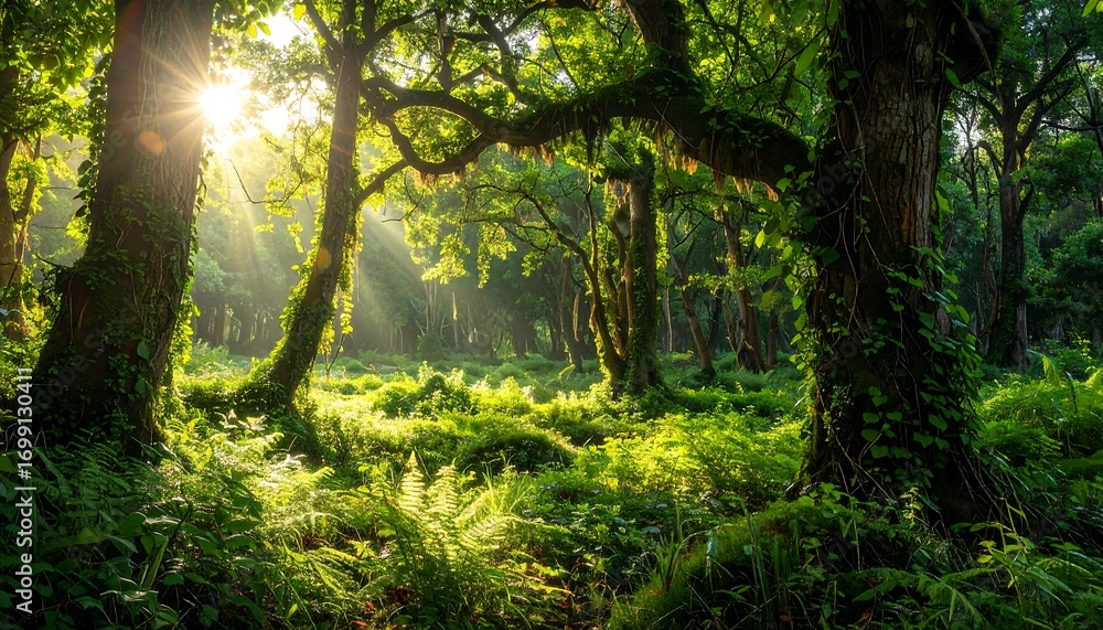 Obraz premium Sunlight streams through a vibrant, lush forest, illuminating the verdant undergrowth and ancient trees.