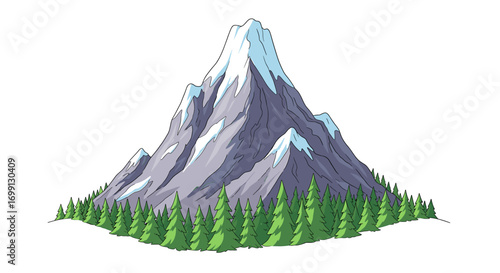 Snow Capped Mountain Peak with Evergreen Forest Cartoon Landscape