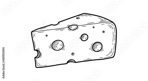 Hand-drawn Swiss cheese with holes illustration on white background.