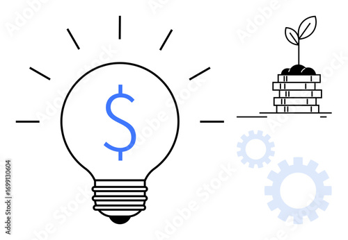 Light bulb with dollar sign, money stack nurturing a plant, and gears symbolizing financial growth, innovation, and strategy. Ideal for investments, startups, sustainability, business ideas profit