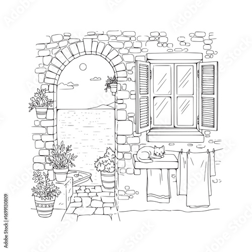 Charming Mediterranean Stone Street Scene with Sleeping Cat and Sea View