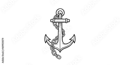 Nautical anchor and chain illustration in black and white simplicity