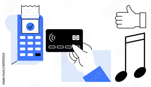 Card reader with completed transaction, hand holding card, receipt, thumbs-up, and musical note. Ideal for payment systems, retail, digital wallets, shopping e-commerce fintech simple landing page