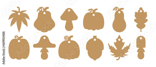 Set of gift tag designs with fall elements shapes. Vector templates for cutting with craft paper or cardboard. Autumn tag stencils	with pumpkin, mushrooms, leaves and acorn
