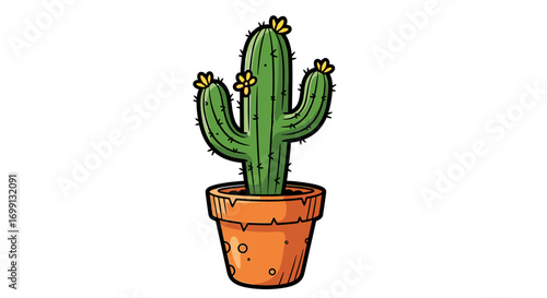 Cheerful Blooming Cactus in a Pot on White Background