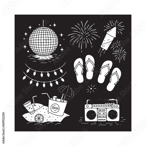 Hand-Drawn Black and White Doodle Collection of Summer Party and Celebration Elements