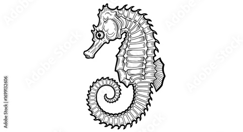 Detailed seahorse illustration with intricate lines on a white background