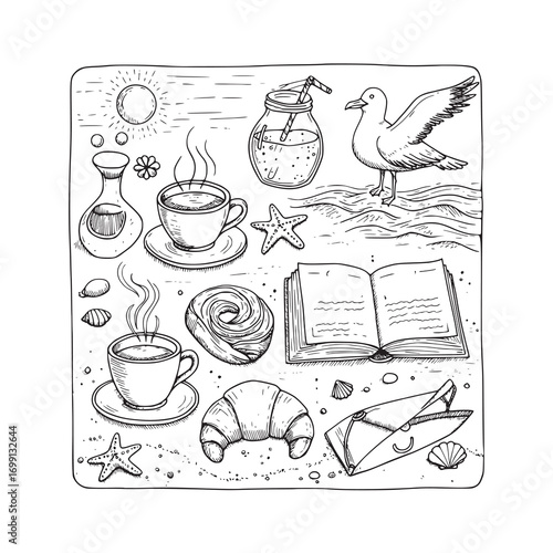 Hand-drawn Doodle Collection of Relaxing Summer Beach Vacation Essentials