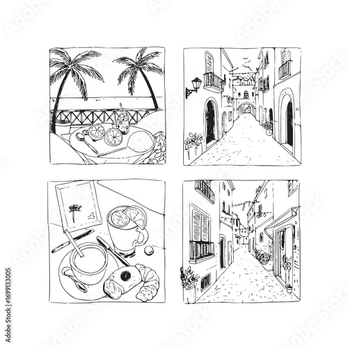 Hand-Drawn Travel Vignettes: European Old Town Streets and Tropical Seaside Relaxation
