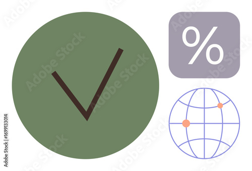 Green checkmark symbolizing success, percentage for data insights, and globe for global reach. Ideal for business, marketing, analytics, education, finance progress tracking goal-setting. A simple