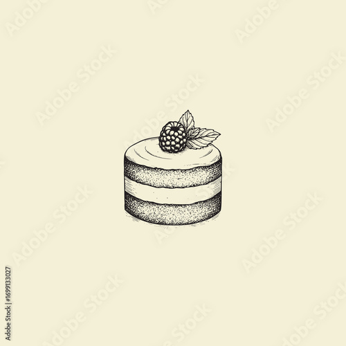 Hand-drawn Vintage Style Layered Cake Illustration with Raspberry and Mint