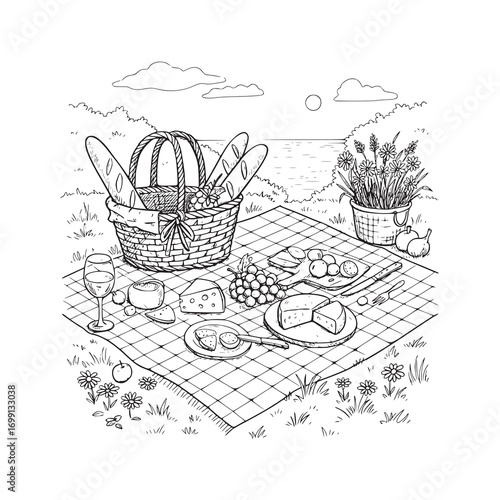 Idyllic Hand-Drawn Outdoor Picnic Scene by the Lakeside