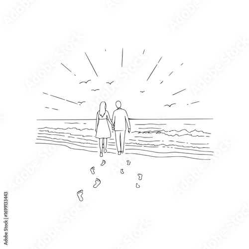 Minimalist Line Art of a Romantic Couple Walking on the Beach