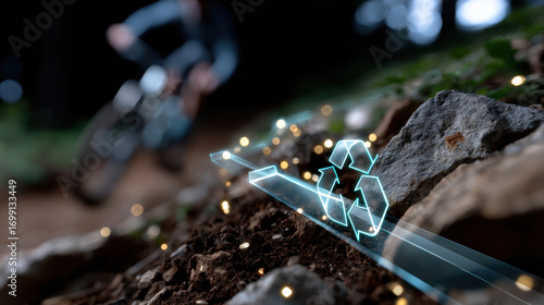 A holographic recycling symbol emerges in a natural landscape, illustrating the connection between technology and nature while promoting ecological awareness and sustainability.