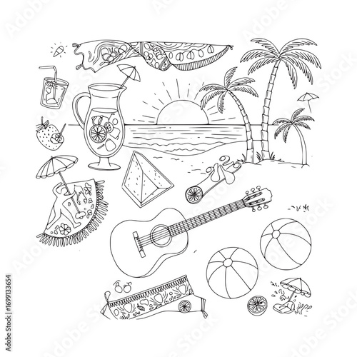 Monochrome Summer Beach Vacation Essentials Hand-Drawn Doodle Collection