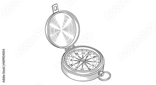 Detailed Line Art Illustration of a Classic Compass with Open Lid
