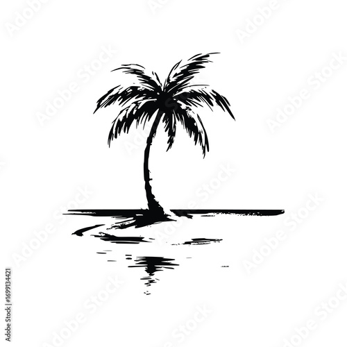 Tropical Palm Tree Silhouette with Water Reflection in Grunge Style