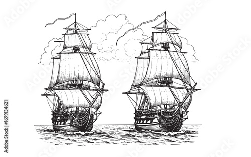 Two Majestic Historical Sailing Ships Navigating the Open Sea