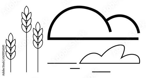Wheat stalks beside a simplified horizon and abstract clouds. Ideal for nature, farming, agriculture, rural life, sustainability, environment, and growth concepts. Simple flat metaphor