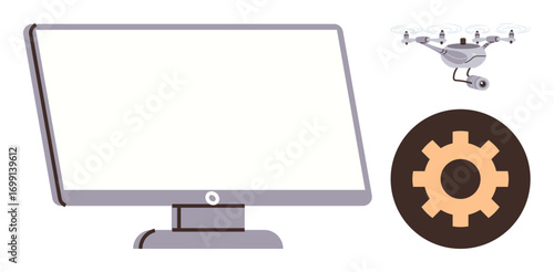 Computer monitor, camera quadcopter, and gear icon symbolizing innovation, automation, and technology. Ideal for software, tech startups, quadcopter mechanisms, product design IT solutions app
