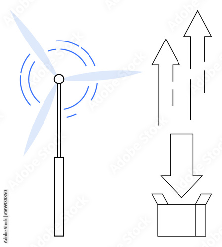 Wind turbine with rotating blades generating energy, arrows symbolizing energy transfer, and a box capturing output. Ideal for sustainability, renewable energy, innovation, clean energy, efficiency