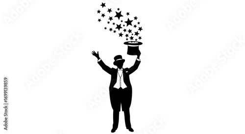Magician in tuxedo pulling stars from top hat silhouette