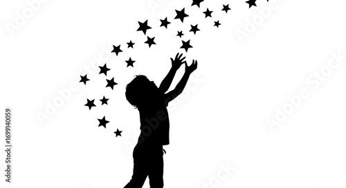 Child silhouette reaching for falling stars against white background