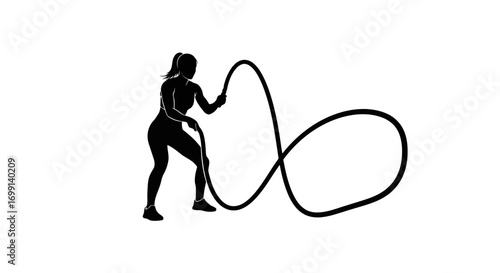 Woman silhouette performing battle rope exercise in gym
