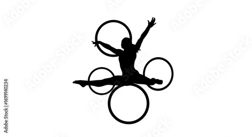 Gymnast silhouette performing a split with hoops on white background
