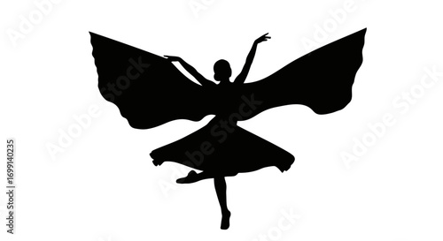 Graceful ballerina silhouette with flowing fabric wings in motion